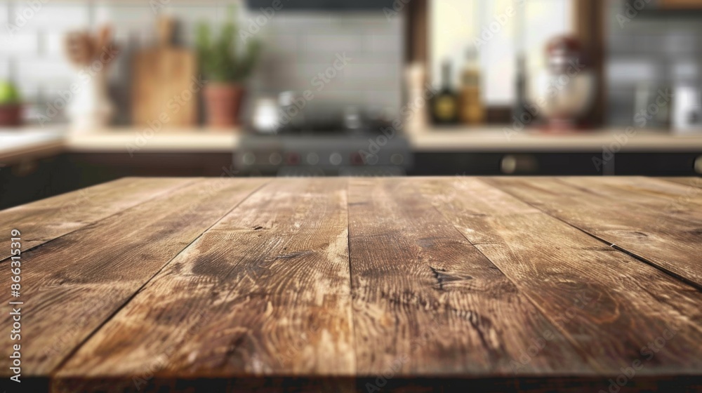 Wooden table with blur kitchen background Wooden table with blur kitchen background