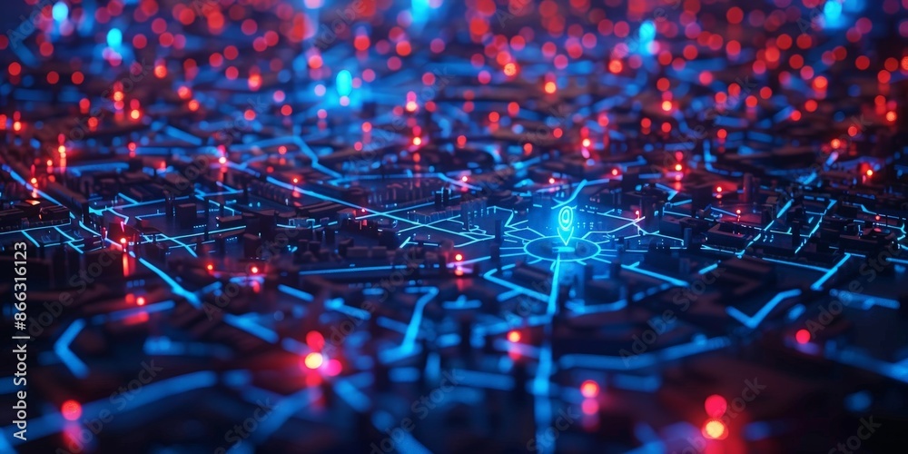 Futuristic City Map with Glowing Digital Pins