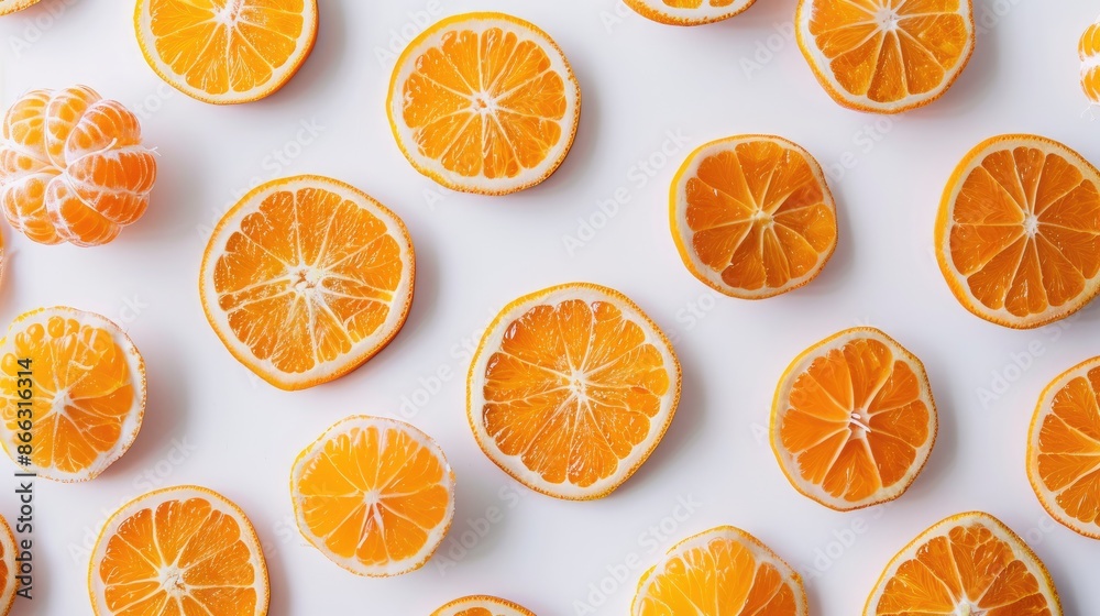 Sweet mandarin slices on a white backdrop Sweet mandarin slices on a white backdrop