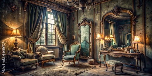 Mysterious dimly lit room featuring a worn armchair surrounded by vintage items, ornate mirrors, and faded velvety drapes, exuding an air of forgotten elegance. photo