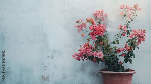 Flowers surrounding a pot against a white wall with a soft focus © TheWaterMeloonProjec