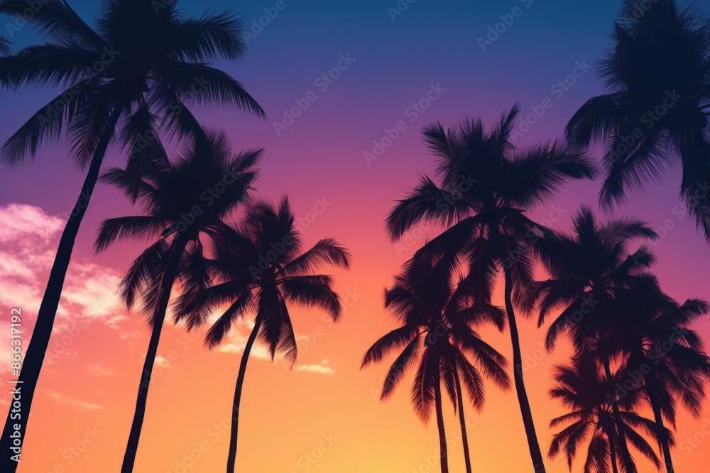 Colorful sky palm Silhouette tree. 