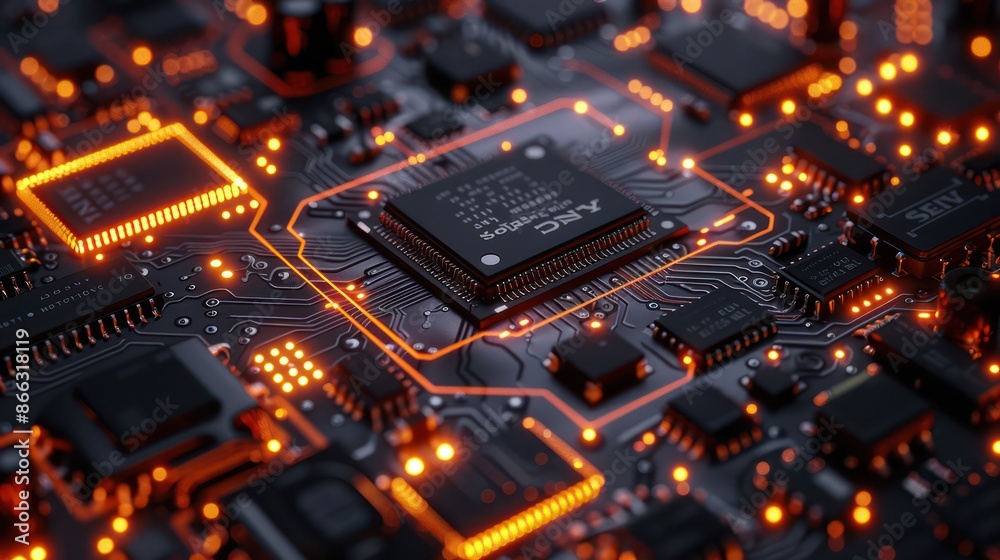 A black and orange electronic circuit board with a large black A black and orange electronic circuit board with a large black