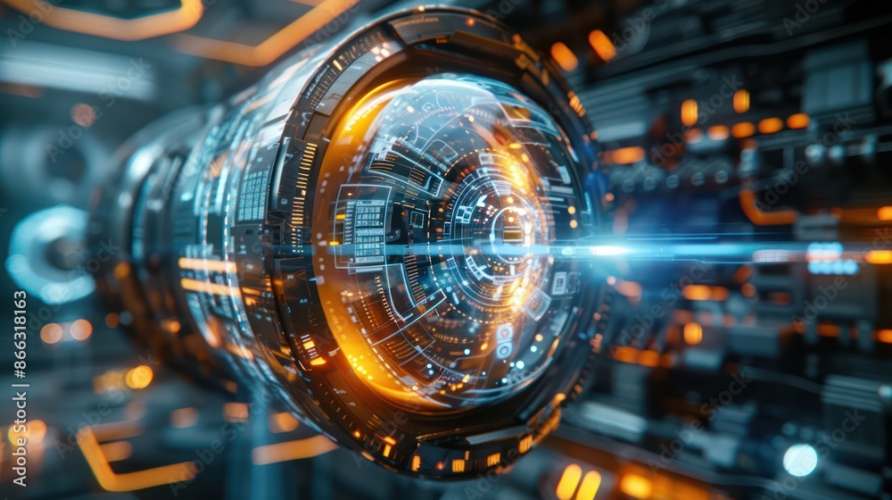 A futuristic looking object with a blue and orange glow