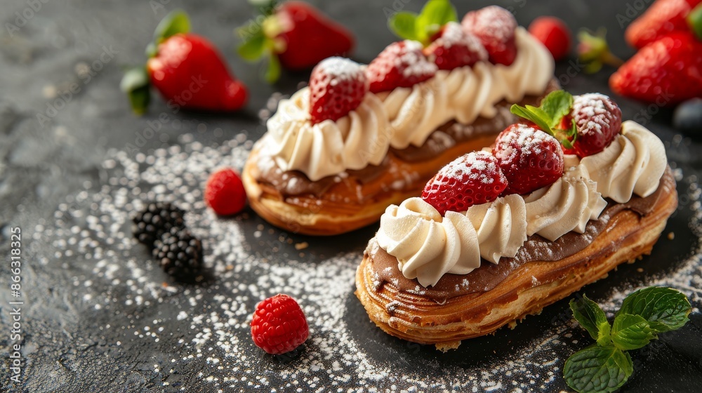 Close-up of two delicious eclairs with whipped cream, chocolate filling, and fresh strawberries. French pastry, dessert, and sweet treat with powdered sugar. Close-up of two delicious eclairs with whipped cream, chocolate filling, and fresh strawberries. French pastry, dessert, and sweet treat with powdered sugar.