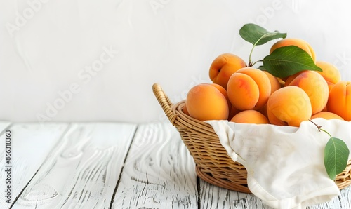 Fototapeta Naklejka Na Ścianę i Meble -  Ripe apricot fruits with a leaf in a wooden basket , Generative AI