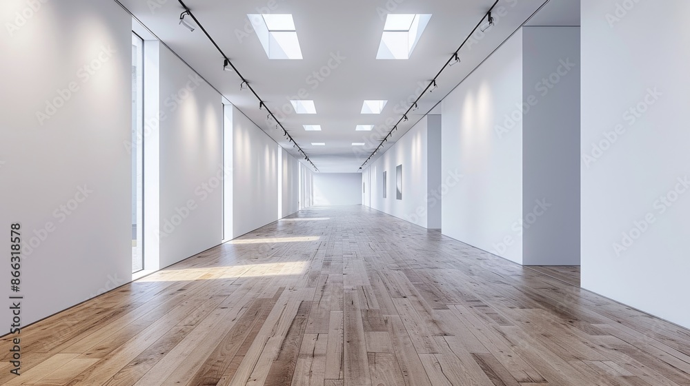 Fototapeta premium Modern and minimalist gallery or art exhibition space with white walls and wooden floor. Concept of architecture, design, and interior design.