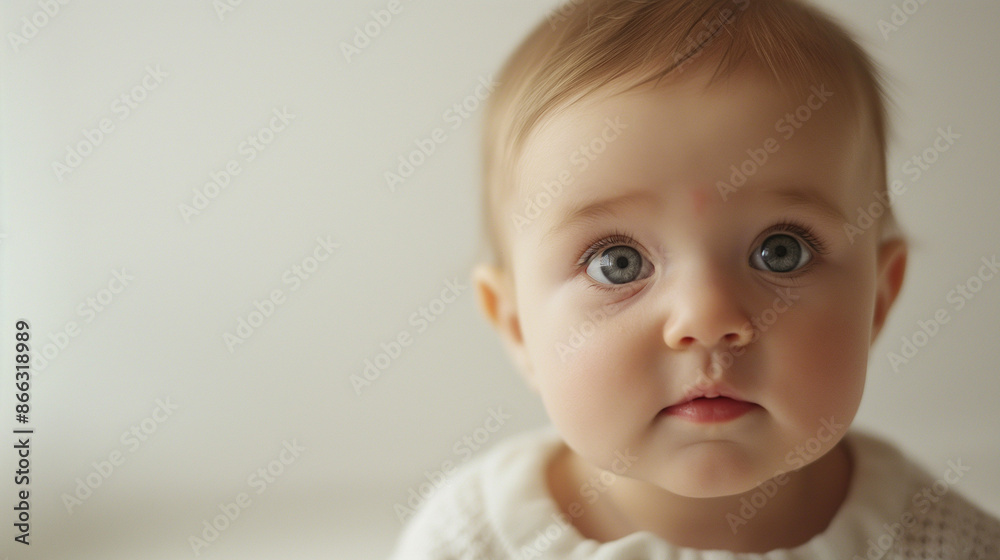 Close-up natural baby expressions with copy space, a close-up image of a baby showing a serene look, set against a minimalistic white or cream background Close-up natural baby expressions with copy space, a close-up image of a baby showing a serene look, set against a minimalistic white or cream background