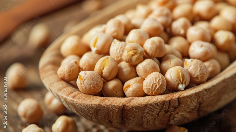 Dry chickpeas in a wooden spoon close-up Dry chickpeas in a wooden spoon close-up