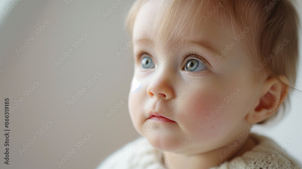 Close-up natural baby expressions with copy space, a close-up photo of a baby with a neutral expression, against a soft white or cream background Close-up natural baby expressions with copy space, a close-up photo of a baby with a neutral expression, against a soft white or cream background