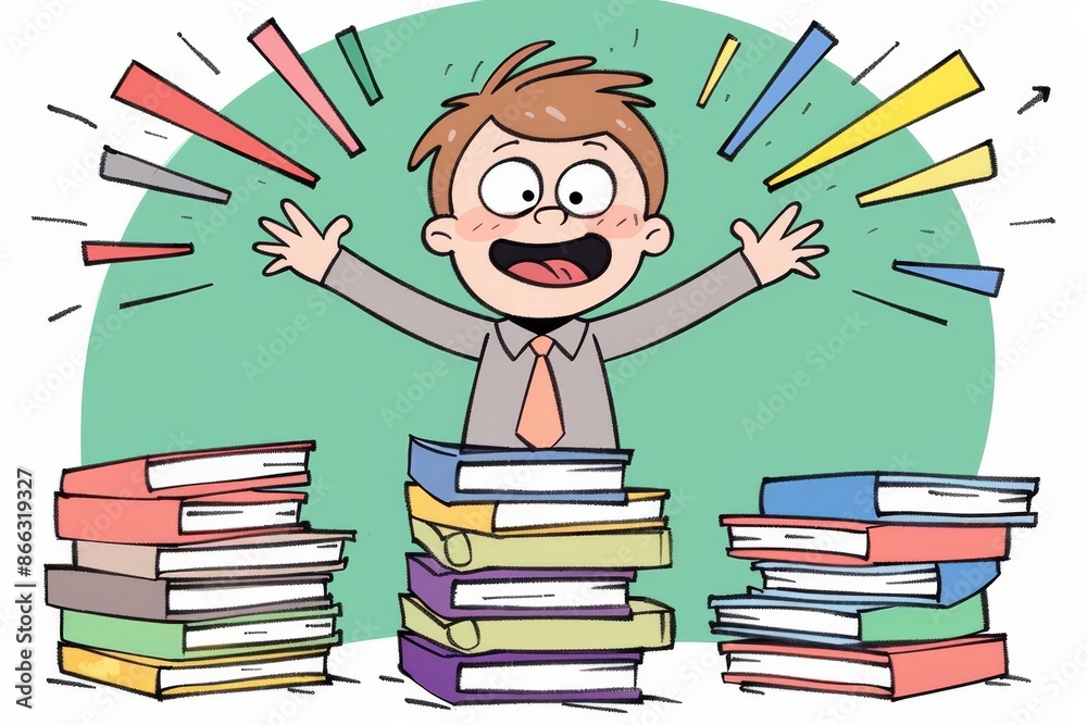 Happy Cartoon Student Surrounded by Stacks of Colorful Books Happy Cartoon Student Surrounded by Stacks of Colorful Books