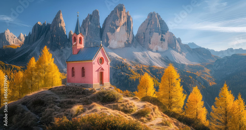 Dolomites, Italy with a pink church and autumn trees