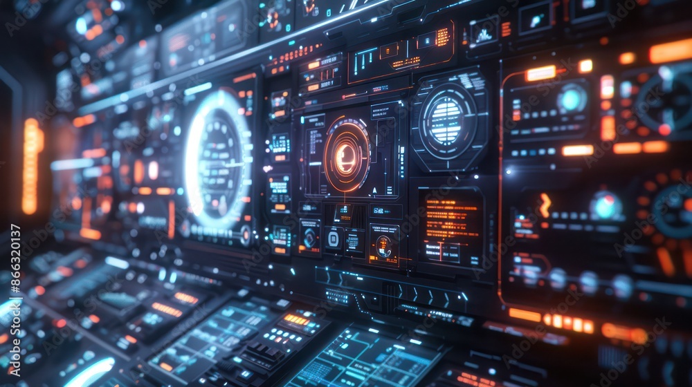 A computer monitor with many buttons and a glowing orange center
