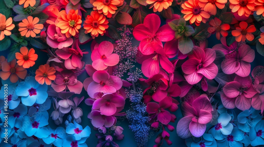 Colorful flower arrangement with vibrant hues of red, pink, blue, and orange. Floral background with close-up view of delicate petals and textures. Colorful flower arrangement with vibrant hues of red, pink, blue, and orange. Floral background with close-up view of delicate petals and textures.