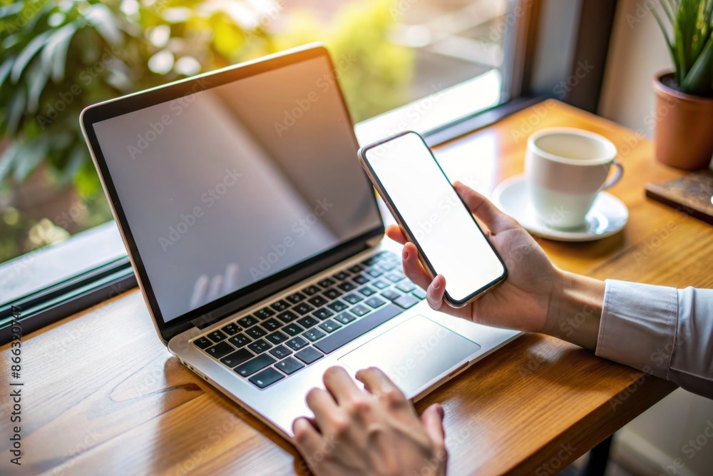 hand typing on a cell phone with a blank screen, with an open laptop visible in the background multitasking hand typing on a cell phone with a blank screen, with an open laptop visible in the background multitasking