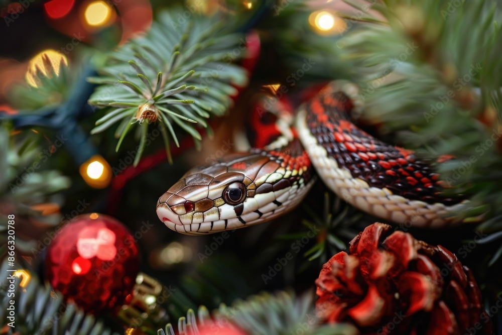 Vibrant Color Snake Coiled Among Festive Red Berries Vibrant Color Snake Coiled Among Festive Red Berries