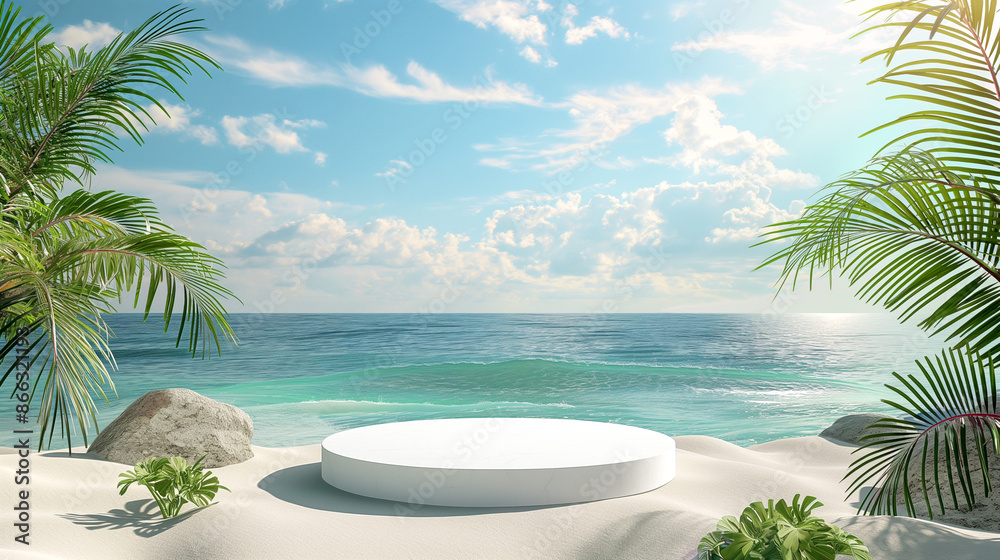 Tropical Beach with white podium and palm trees under a sunny sky. Copy space. Generative AI Tropical Beach with white podium and palm trees under a sunny sky. Copy space. Generative AI