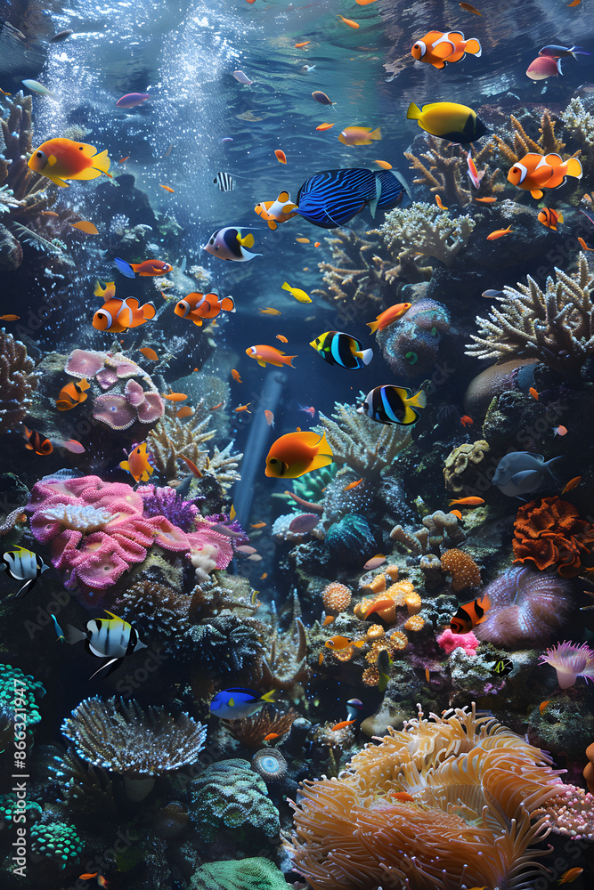 Fototapeta premium Vibrant Coral Reef Aquarium with Colorful Fish and Intricate Coral Formations in a Tranquil Underwater Scene