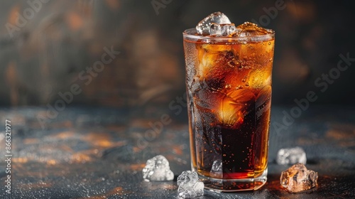 Close-up of a glass of cola with ice cubes on a dark background. Refreshing summer drink concept.