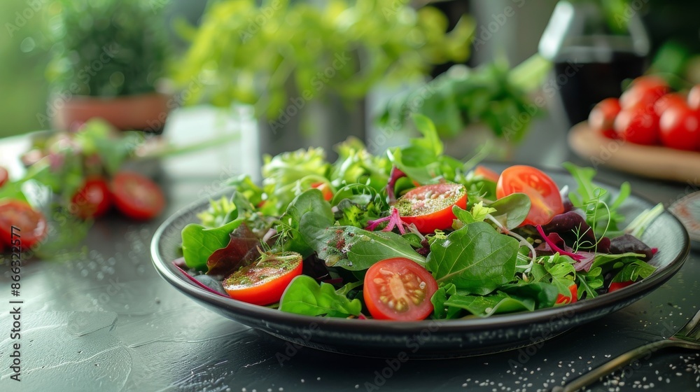 Fresh green salad with cherry tomatoes on a black plate. Healthy food for diet, vegetarian, and vegan lifestyle. Organic and natural food. Fresh green salad with cherry tomatoes on a black plate. Healthy food for diet, vegetarian, and vegan lifestyle. Organic and natural food.