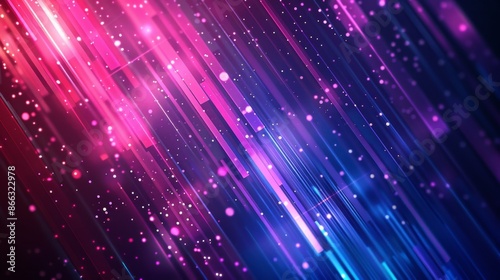 Abstract diagonal neon lines with glowing particles. Pink, blue and purple neon color streaks.  Digital abstract background for technology or science themes. © addymawy