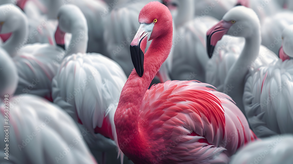 Fototapeta premium Standing out from the crowd concept. Pink flamingo standing between many white flamingos