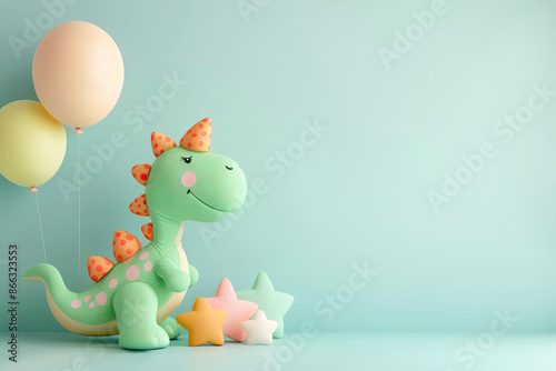 Fototapeta Naklejka Na Ścianę i Meble -  A charming plush dinosaur with polka dots and party hat, surrounded by balloons and stars on a gentle turquoise background, perfect for children's themes. Copy space for text.