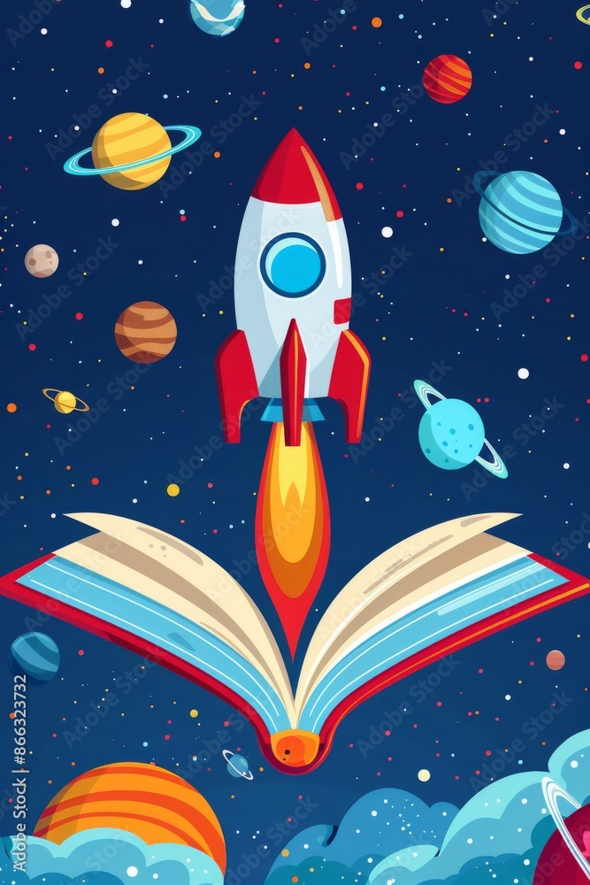 A cartoon illustration of a rocket launching from an open book in space with planets and stars in the background. Back to school. A cartoon illustration of a rocket launching from an open book in space with planets and stars in the background. Back to school.
