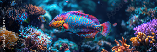Close-Up Macro Shot of a Parrotfish Amidst Coral, for Nature Photography Backgrounds, Marine Environment Studies, Wildlife Documentation, Aquatic Biology, and Desktop Wallpapers 