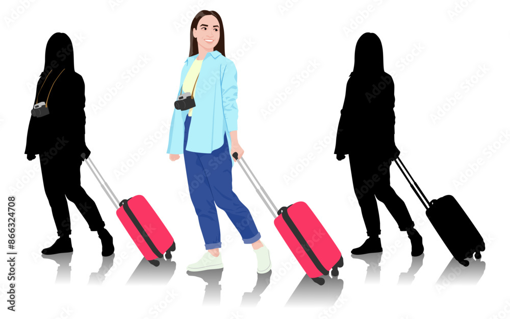 Young woman tourist with camera. Girl in casual clothes with a suitcase. Female traveler goes on a journey. Vector illustration isolated on white Young woman tourist with camera. Girl in casual clothes with a suitcase. Female traveler goes on a journey. Vector illustration isolated on white