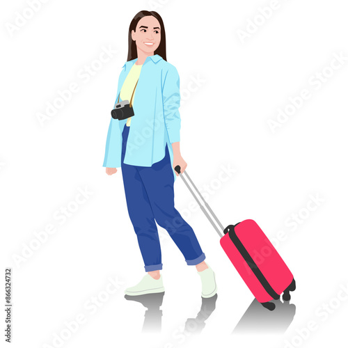 Young woman tourist with camera. Girl in casual clothes with a suitcase. Female traveler goes on a journey. Vector illustration isolated on white