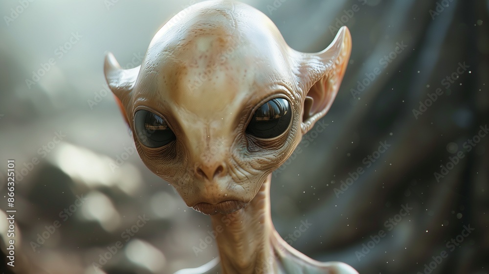 close-up portrait of an alien, featuring striking big black eyes and long ears close-up portrait of an alien, featuring striking big black eyes and long ears