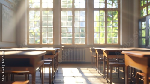 An empty classroom with wooden desks and chairs. The sun is shining through the windows. © มุกโกะ นะนะ Channel