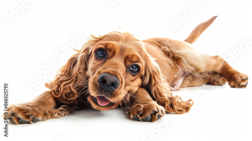 A playful young English Cocker Spaniel dog is happily posing. The adorable puppy is isolated on a white background, making it easy to see its playful movements, actions, and motions.