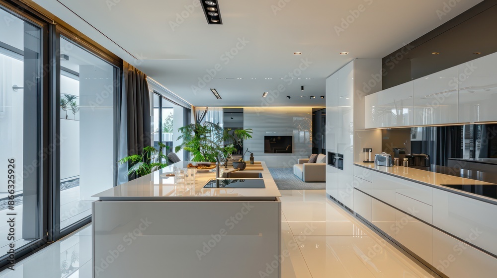 modern living room with kitchen