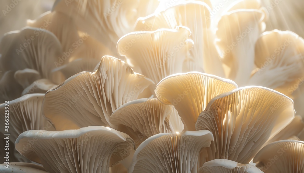 Close-up photograph of a cluster of oyster mushrooms Close-up photograph of a cluster of oyster mushrooms
