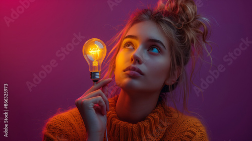 woman feeling thinking with light bulb, creative thinking concept