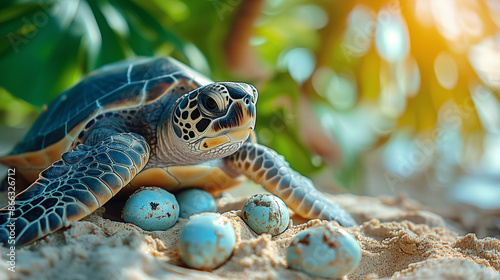 turtle and eggs on sand
