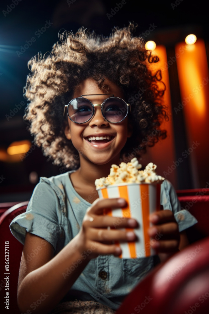 Fototapeta premium Smiling child with curly hair enjoying popcorn in a cinema.