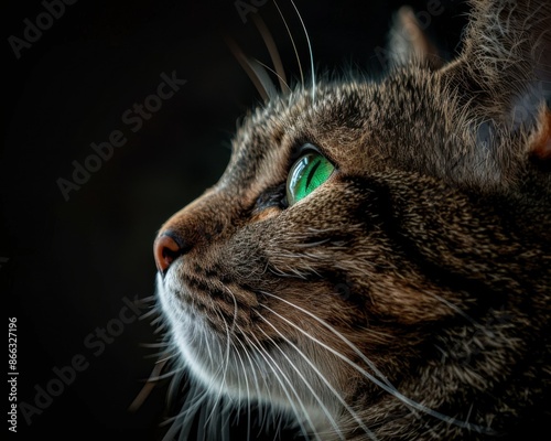 A detailed view of a cats face with vibrant green eyes gazing upward