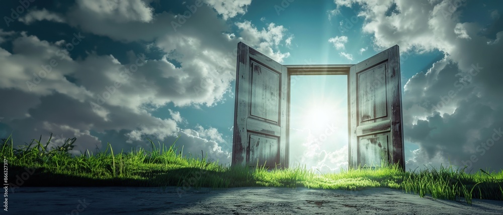 Door in the outdoors, with blue sky and clouds, grass.Light and sun rays illuminating open door, creating a portal. Concept of change, positivism, new paths, and opportunities. Symbol of faith in God, Door in the outdoors, with blue sky and clouds, grass.Light and sun rays illuminating open door, creating a portal. Concept of change, positivism, new paths, and opportunities. Symbol of faith in God,