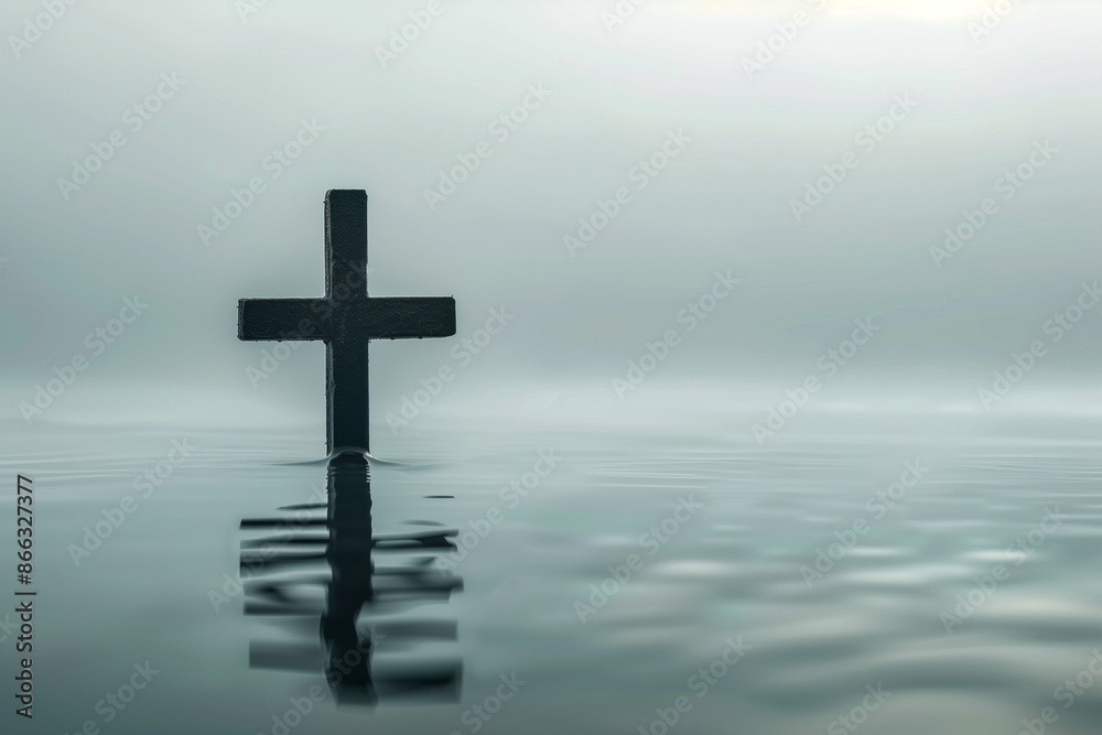 A solitary cross stands over a serene body of still water, its reflection perfectly mirrored on the calm surface. A solitary cross stands over a serene body of still water, its reflection perfectly mirrored on the calm surface.