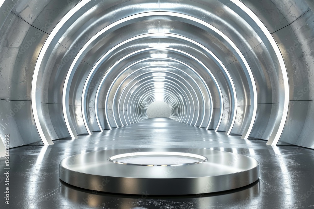 Naklejka premium A futuristic tunnel forms the backdrop behind a round silver podium product display