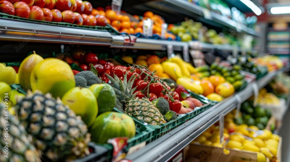 Fresh produce on shelves in a grocery store Fresh produce on shelves in a grocery store