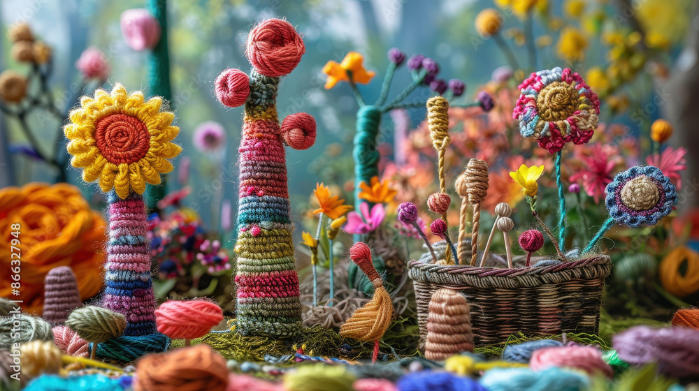 A chrochet flowers overflowing with colorful yarn sits in a garden bursting with summer flowers A chrochet flowers overflowing with colorful yarn sits in a garden bursting with summer flowers