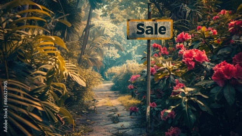 Lush garden with colorful blooms and a sale sign