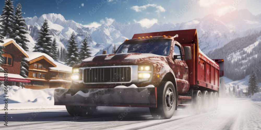 Snowplow truck driving through a snowy mountain village during winter. Snowplow truck driving through a snowy mountain village during winter.
