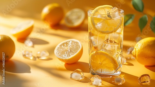 Closeup of a refreshing glass of lemonade with ice and lemon slices on a yellow background, sunbeams and shadows. Concept of summer drink, refreshment, and citrus.