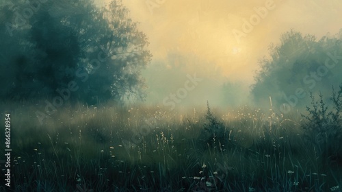 Foggy meadow at dawn painted in oil paints