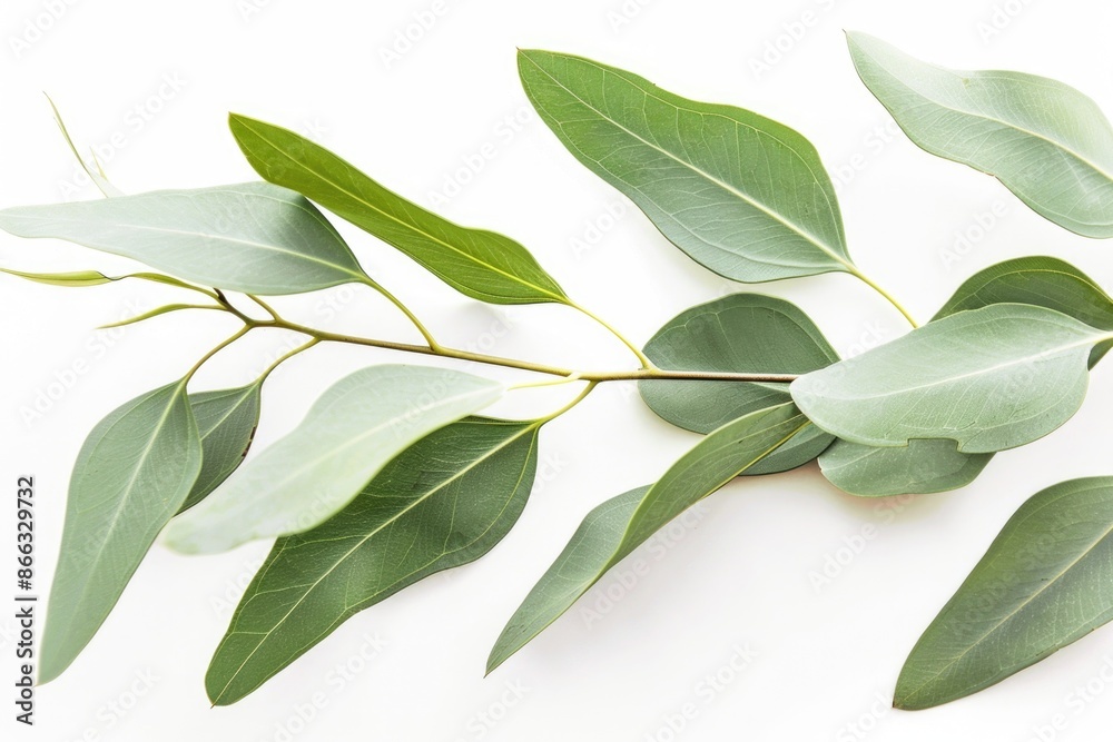Fototapeta premium Elegant Eucalyptus Branch Against White Background for Nature-Inspired Design, Print, Card, Poster